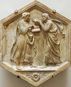 Platon belehrt seinen Schüler Aristoteles, Relief von Luca della Robbia um 1438