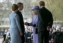 Queen Elizabeth II and Prince Philip, Duke of Edinburgh greet President George W. Bush and First Lady Laura Bush at Buckingham Palace during the American state visit to London in 2003. President George W. Bush and Laura Bush are greeted by Her Majesty Queen Elizabeth and Prince Philip, Duke of Edinburgh, at Buckingham Palace in London.jpg