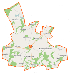 Mapa konturowa gminy Przytuły, po prawej nieco na dole znajduje się punkt z opisem „Trzaski”