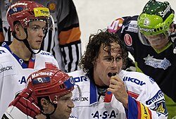 Duda Extraliga-joukkue HC České Budějovicen paidassa tappelun jälkeen vuoden 2009 Dorint Cupissa, Dresdenissä pelatussa harjoitusottelussa Saksan DEL-liigan Nürnberg Ice Tigersia vastaan.