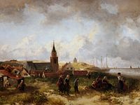 Salomon Verveer, 1851: 'De Oude Kerk van Scheveningen gezien vanaf een duintop aan de noordzijde', olieverf