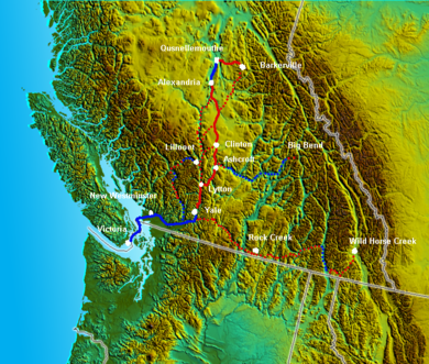 Route of the Cariboo Road in red. Steamboat travel in blue; dotted lines are alternate routes or routes to other goldfields. Trails, Roads and Water Routes in Colonial British Columbia. The Dewdney Trail was the dotted line across the south of the colony. South BC-NW USA-relief CaribooRoad.png