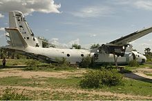 Sudan Air Force Antonov An-26-100 crash-landed in 1997 at the airstrip of Gogrial. The plane was hit by SPLA-fire and had to make an emergency landing. Sudan Air Force Antonov An-26-100 MTI-1.jpg