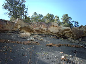 Парк Тринидат Лейк, штат Колорадо, США, Граница мелового и палеогенового периодов это кремовая тонкая полоса, сразу после выступающей породы тёмного цвета. После полосы следует уже заметно более светлый слой камня.