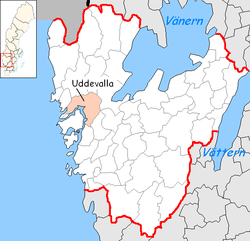 Община Удевала на картата на лен Вестра Йоталанд, Швеция