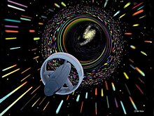 Artist's depiction of a hypothetical Wormhole Induction Propelled Spacecraft, based loosely on the 1994 "warp drive" paper of Miguel Alcubierre Wormhole travel as envisioned by Les Bossinas for NASA.jpg