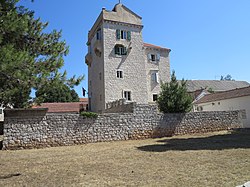 Town Hall, a limestone tower, in Grohote on the island