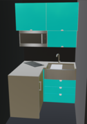 Angled kitchenette, for extra work surface