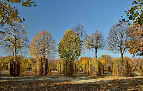 Bosquet "Der Fächer" (hand fan) in the gardens of Schönbrunn. With statue Apollo by Johann Baptist Hagenauer in the background.