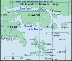Mapa del archipiélago al sur de Tierra del Fuego, donde se ubican las islas en la zona oriental.