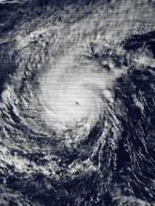 Satellite image of a typhoon with an eye and rainbands predominantly in the northern semicircle