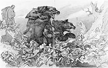 Cartoon of Theodore Roosevelt attacking Wall Street Bears on wall street 1907.jpg