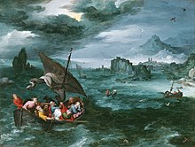Peinture de Jan Brueghel l'Ancien montrant un esquif chargé de passagers dans une mer en tumulte.
