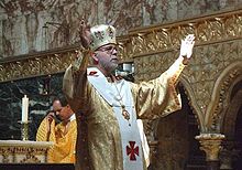 Ukrainian Catholic Bishop Paul Chomnycky in London, United Kingdom. Members of the Eastern Catholic churches today live all over the world due to emigration from their lands of origin. Chomnycky london cathedral.jpg