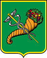 Vert bordure or a caduceus argent and or and a cornucopia or with fruits and vegetables proper saltirewise (Coat of arms of Kharkiv, Ukraine)