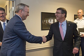 Eric Schmidt and Ash Carter meet about Innovation Advisory Board for the DoD. Eric Schmidt and Ash Carter.jpeg