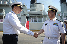 Haifa base commander Brig. Gen. Eli Sharvit welcomes RADM Yang Junfei to Israel Flickr - Israel Defense Forces - 20 Years of Cooperation with the Chinese Navy (1).jpg