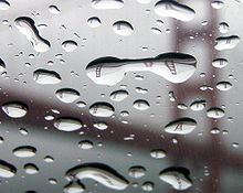 An image of the Golden Gate Bridge is refracted and bent by many differing three-dimensional drops of water. GGB reflection in raindrops.jpg