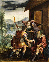 Tobias en Rafaël nemen afscheid van Tobit en Anna, ca. 1600, uit Jerusalem verlost