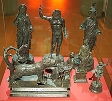 The Muri statuette group found in Muri bei Bern, representing a Gallo-Roman pantheon: Jupiter, Juno, Minerva, Naria, Artio and a lar. HMB - Muri statuette group - Ensemble.jpg