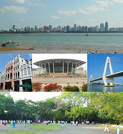 Top: Panoramic view of Haikou from Xixiu Beach, Middle from left: A facade building in Zhongshan Road in Qiongshan District, Hainan Performance of Art Center, Haikou Century Bridge and Nandu River, Bottom: Haikou People's Park in Lonhua District