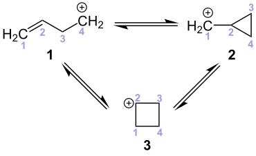 Umlagerungen zwischen einem Homoallyl-Carbeniumion (1), einem Cyclopropan-Carbeniumion (2)und einem Cyclobutan-Carbeniumion (3)