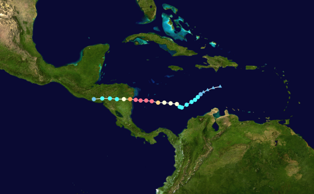 Мапа руху та інтенсивності Урагану Iota за шкалою Саффіра-Сімпсона