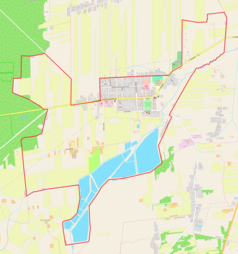 Mapa konturowa Jadowa, blisko centrum na prawo u góry znajduje się punkt z opisem „Parafia św. Jakuba Apostoła”