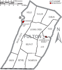 Map of Fulton County, Pennsylvania with Municipal Labels showing Boroughs (red) and Townships (white). Map of Fulton County Pennsylvania With Municipal and Township Labels.png