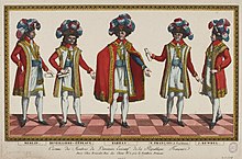 Les cinq directeurs en costumes somptueux à dominantes bleu, blanc et rouge