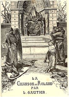 Illustration de la couverture d'une édition de la chanson. Charlemagne surplombe, assis sur un trône en haut de marches, des chevaliers.