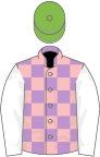 Mauve and pink check, white sleeves, Light Green cap