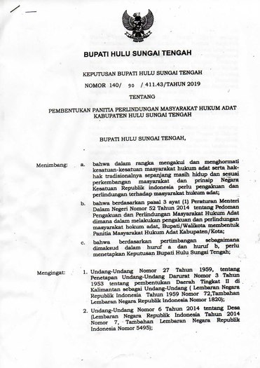 Surat Keputusan Bupati Hulu Sungai Tengah Nomor 140/90/411.43/Tahun 2019 tentang Pembentukan Panitia Perlindungan Masyarakat Hukum Adat Kabupaten Hulu Sungai Tengah