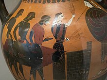 A bull being taken to an altar of the goddess Athena Sacrifice to Athena, Amphora from Vulci, 550-540 BC, Berlin F 1686, 141662.jpg