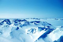 Panoramic view of a field of ridged ice stretching towards the horizon