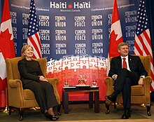 Harper and US Secretary of State Hillary Clinton at the Haiti Ministerial Preparatory Conference addressing earthquake relief in Montreal, January 25, 2010. Secretary of State Hillary Clinton and Prime Minister Stephen Harper (4308896411).jpg