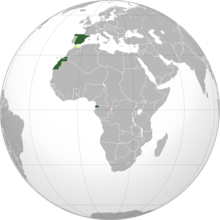 ہسپانوی ریاست کی نوآبادیاں اور علاقہ جات: *   ہسپانیہ, صحارا اور گنی    *   زیر حمایت مراکش      *   بین الاقوامی منطقہ طنجہ