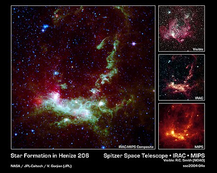 A Henize 206 viewed by different instruments in March 2004. The separate IRAC and MIPS images are at right. Ssc2004-04a.jpg