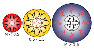 Internal structures of main sequence stars with masses indicated in solar masses, convection zones with arrowed cycles, and radiative zones with red flashes. Left to right, a red dwarf, a yellow dwarf, and a blue-white main sequence star Star types.svg