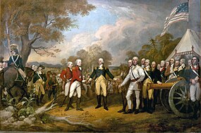 Gen. John Burgoyne kapituluje u Saratogy, John Trumbull 1822  Kapitulující britský gen. John Burgoyne odevzdává americkému gen. Horatio Gatesovi, svůj meč, který ho ovšem odmítá převzít.