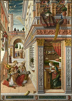 Linkes Bild: Carlo Crivelli Verkündigung mit St. Emidius, 1486, mit einem „Crivelli“-Teppich in der oberen linken Ecke. Ein zweiter Teppich oben mittig Rechtes Bild: „Crivelli“-Teppich, Anatolien, spätes 15. Jh.