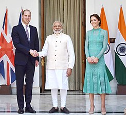 The Prime Minister, Shri Narendra Modi receives the Duke and Duchess of Cambridge Prince William and Kate Middleton, at Hyderabad House, in New Delhi on April 12, 2016