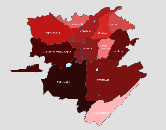Երևանի բնակչությունն ըստ վարչական շրջանների. որքան մուգ է գույնը, այնքան ավելի շատ է բնակչությունը տվյալ վարչական շրջանում