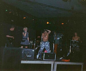 Tunnelmental performing in L.A. in 1993. From left to right: Jez, Audrey, Craig (background), Biff, Jeff, Dék