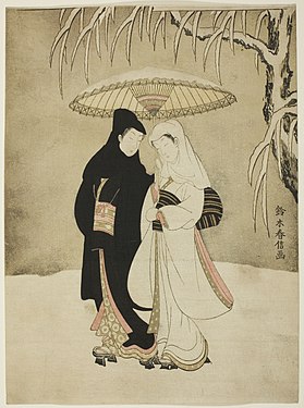 Two Lovers Beneath an Umbrella in the Snow, by Suzuki Harunobu, color woodblock print in the Ukiyo-e style, circa 1767