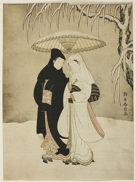 Two Lovers Beneath an Umbrella in the Snow by Suzuki Harunobu