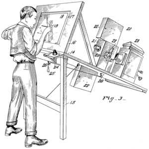 Patent drawing for Fleischer's original rotoscope.