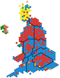 A map of the United Kingdom, with all constituencies given equal area. In Northern England, Labour hold the majority of Northern seats, the Conservatives hold some rural seats, and the Liberal Democrats hold a single seat.