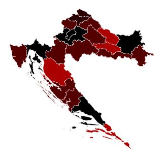 2020 Избухване на COVID-19 Брой случаи в Хърватия по графства.svg