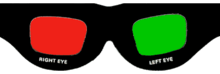 Red-green anaglyph glasses, with red for the right eye (unusual). 3D-glasses.png